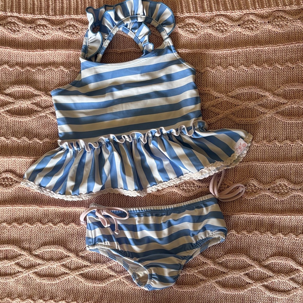 SweetHoney Blue and White Striped Ruffle Tankini